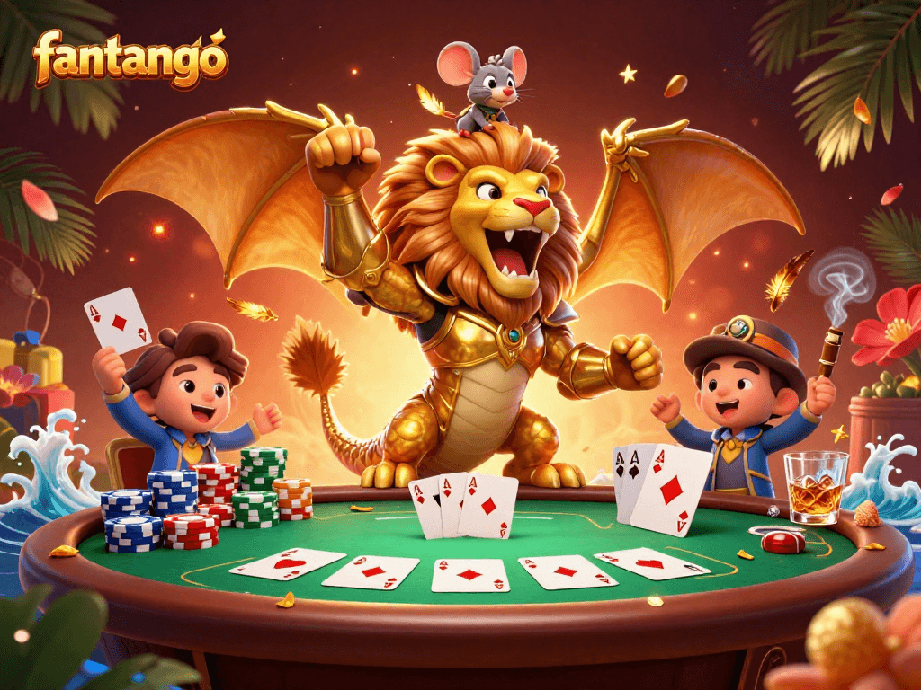 Experience the thrill of gambling with fantango as a chimera creature triumphantly roars atop a poker table!