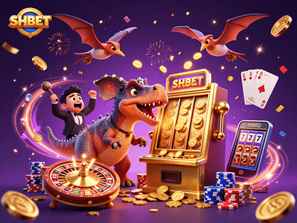 Catch the jackpot with SHBET as a dinosaur plays a slot machine, showcasing casino excitement and luck.