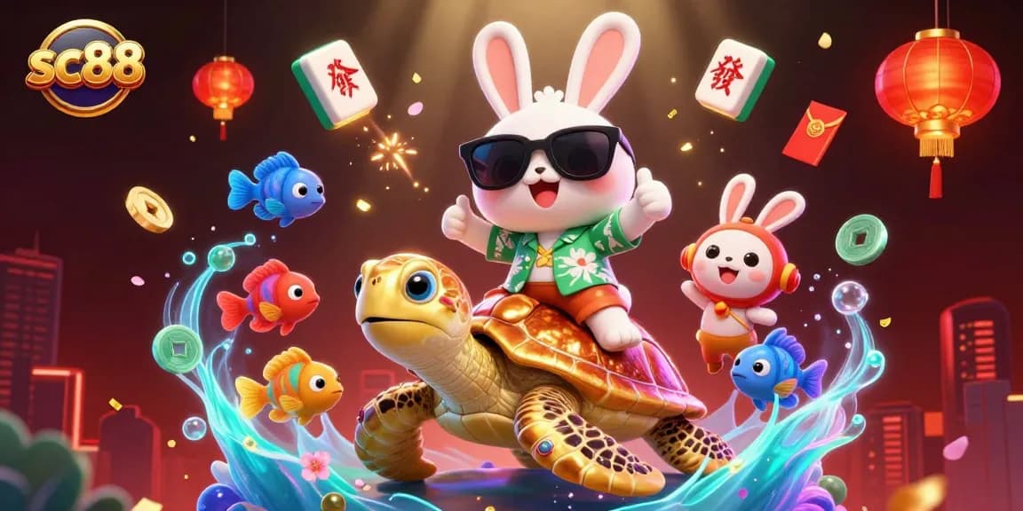 Experience vibrant gaming excitement with sc88's 3D illustration featuring a lucky rabbit and golden turtle.
