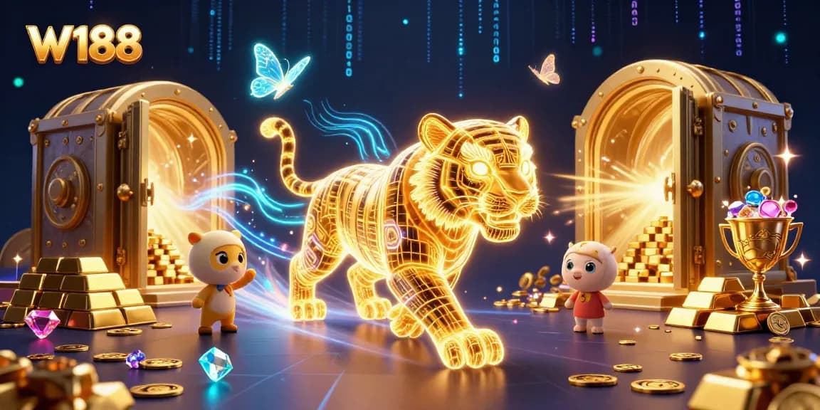 Experience the excitement of gambling at W188 with stunning visuals of a cartoon tiger in a digital casino.