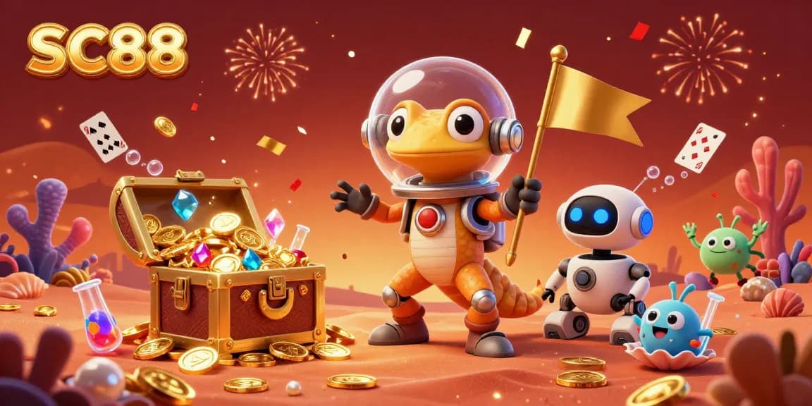 Experience SC88's vibrant casino adventure with a Martian gecko and golden treasures!
