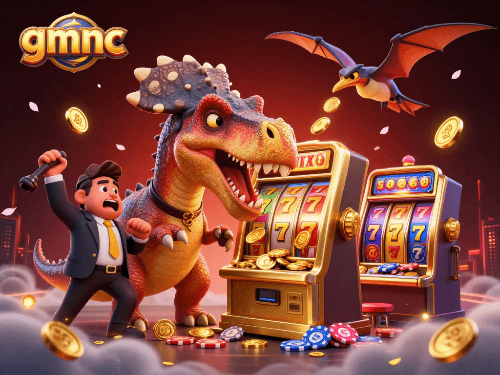 gmnc showcases an exhilarating scene with a dinosaur headbutting a slot machine surrounded by casino elements.