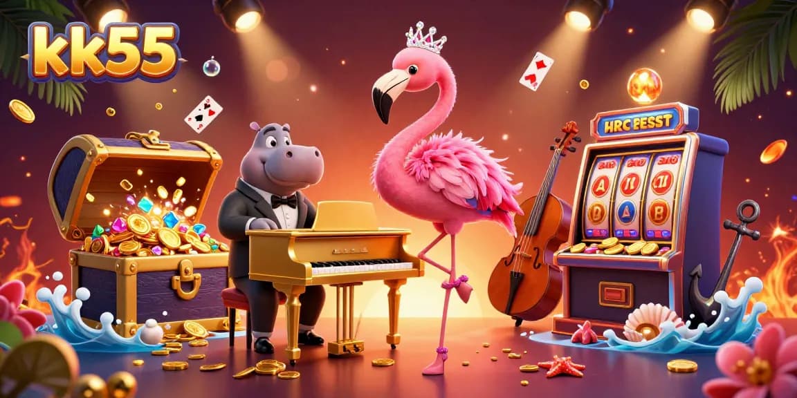 Experience the vibrant world of kk55 with dynamic casino elements in this lively illustration.