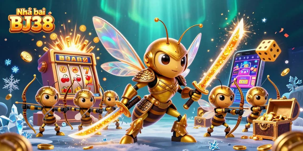 Join the action at Nhà cái BJ38 with vibrant slots and casino excitement in this dynamic 3D illustration.