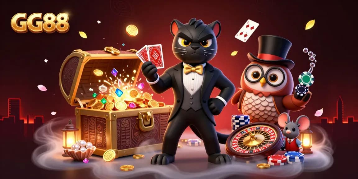 Experience thrilling gameplay with GG88 at a vibrant casino scene featuring a panther dealer and friends.