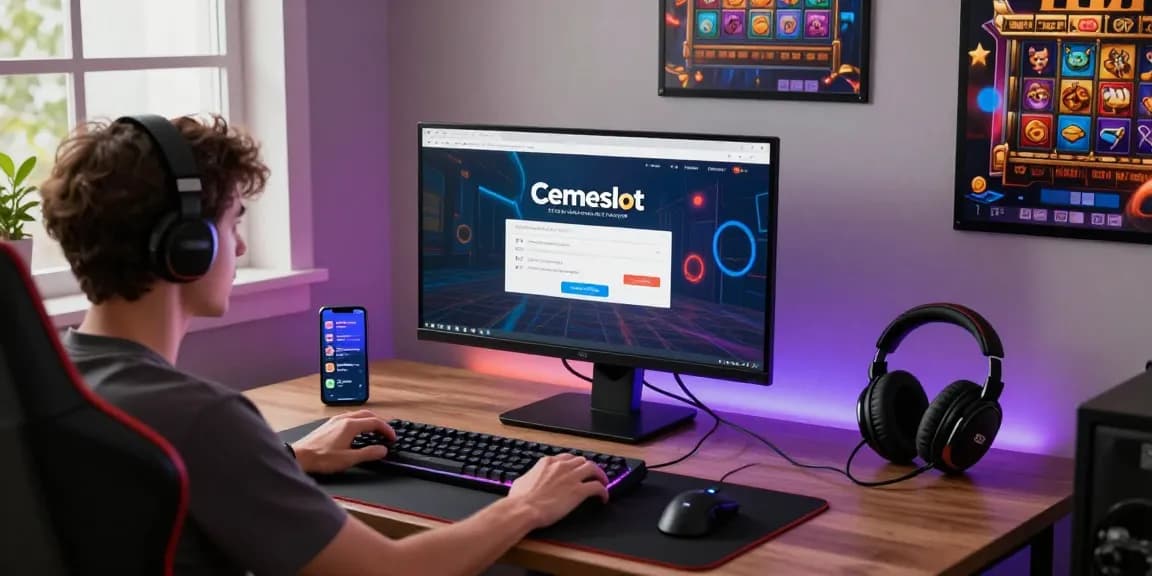 Engaged gamer navigating the Login Cemeslot Resmi page with high-tech setup.