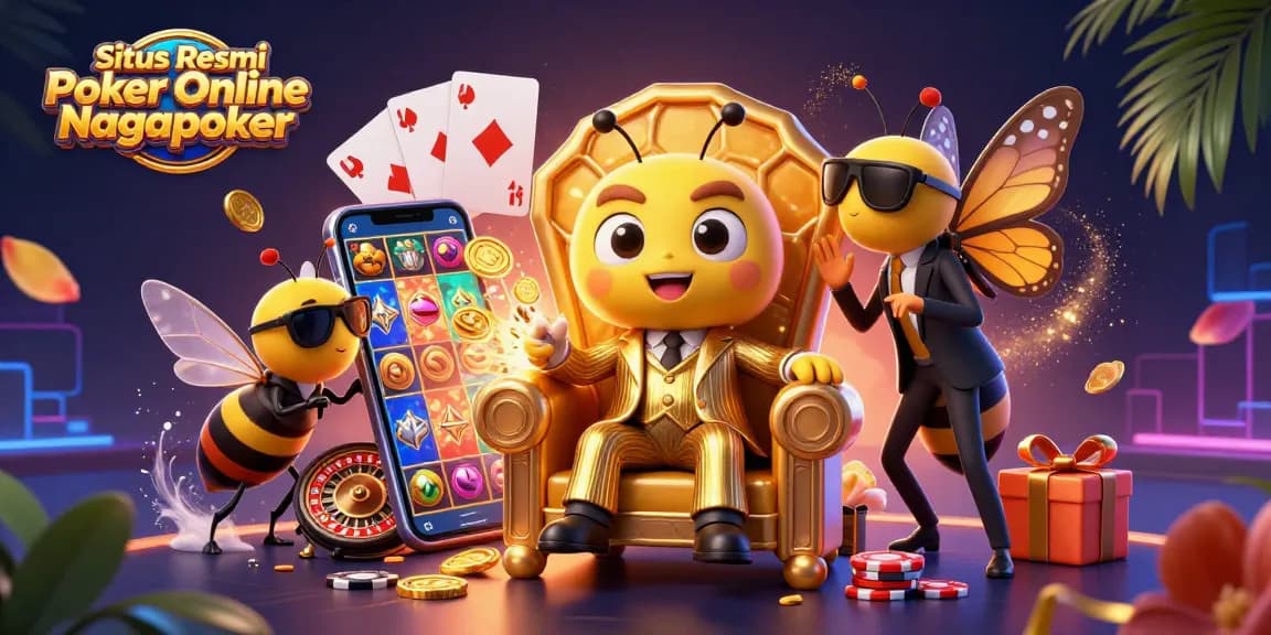 Situs Resmi Poker Online Nagapoker showcases vibrant casino scene with a bumblebee mob boss and engaging game elements.