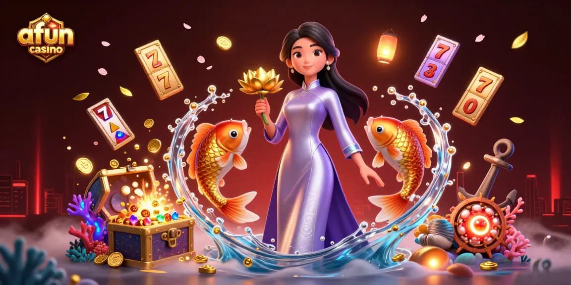 Engage with Afun Casino through a vibrant illustration of a graceful character amidst dynamic slot game elements.
