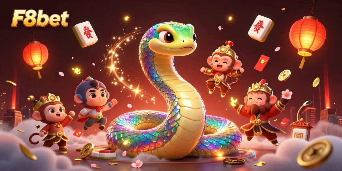 F8bet offers a magical gaming adventure with vibrant elements including the rainbow serpent and festive symbols.