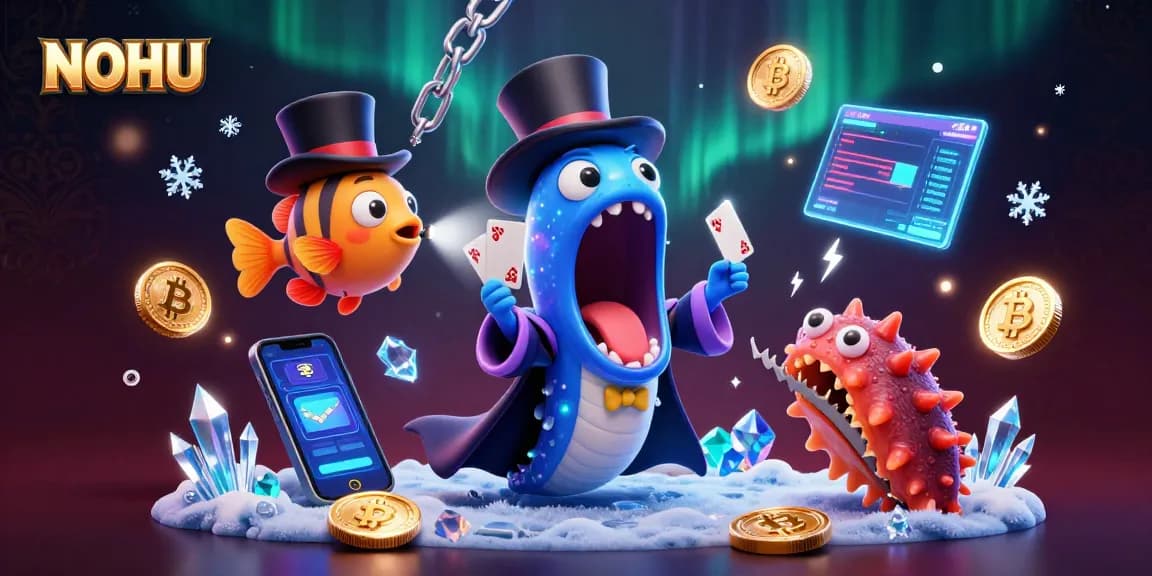 NOHU casino-themed 3D illustration featuring vibrant characters and glowing crypto elements.