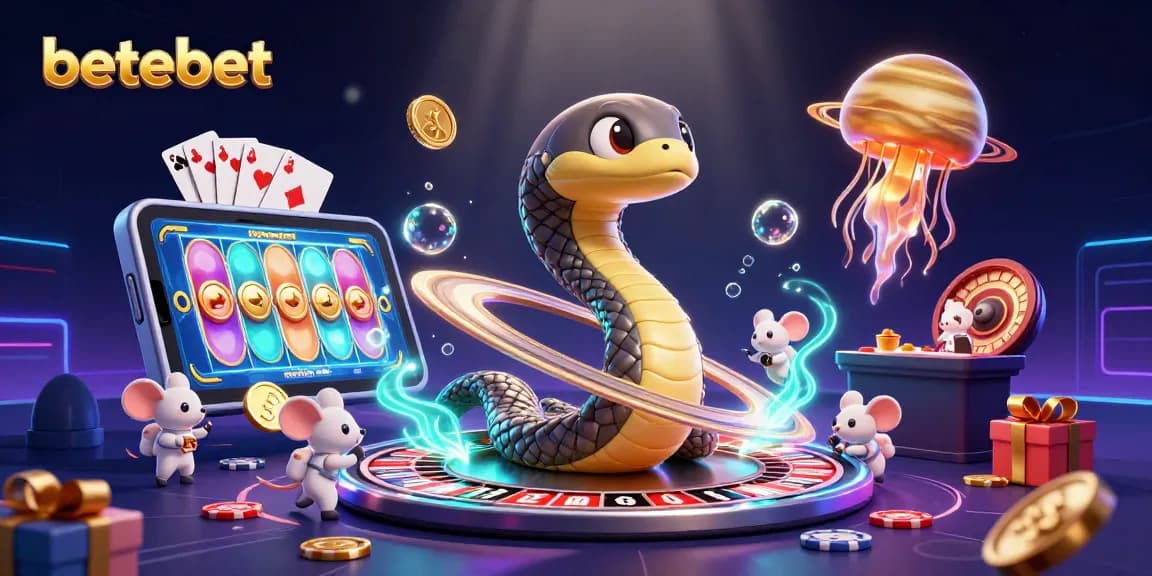 Experience thrilling bets with betebet in a cosmic casino scene featuring spinning slot games and playful astronauts.
