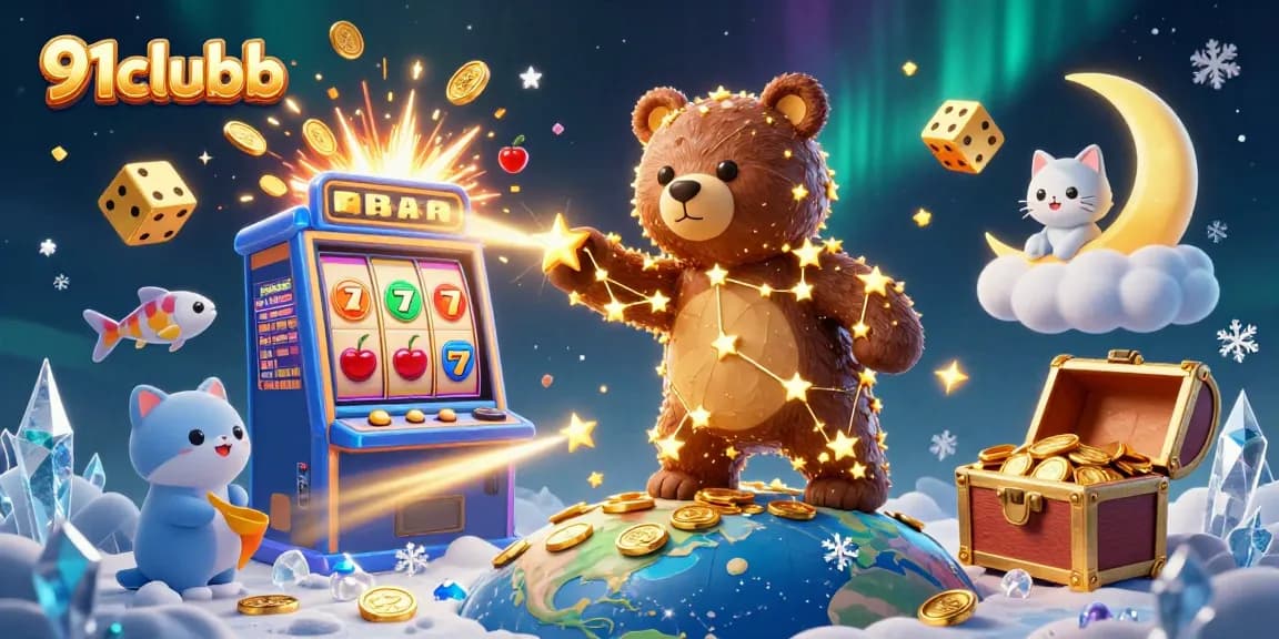 Engage with 91clubb's dynamic gaming universe featuring a constellation bear and casino elements.