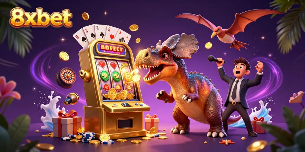 Experience exciting 8xbet casino action as characters interact with golden slot machines and flying coins.