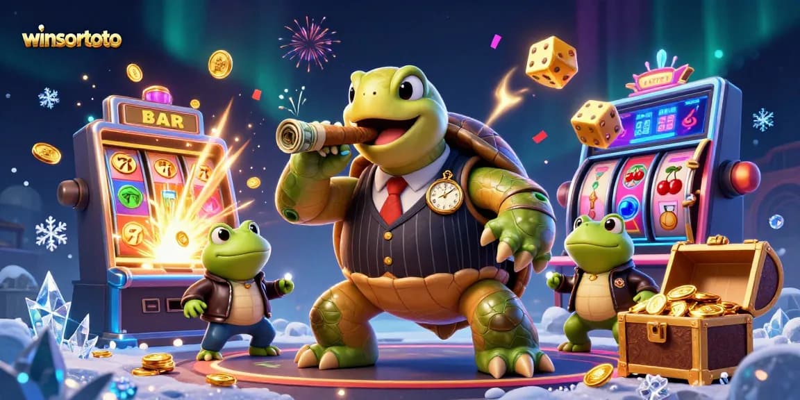 Activate winsortoto gaming with vibrant slot machine and cartoon characters in a casino scene