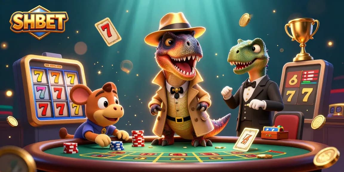 Engage in the thrilling world of SHBET as cartoon dinosaurs experience the excitement of a casino.