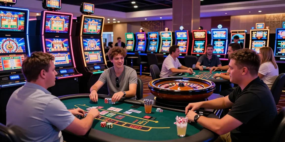Players enjoying credit card casinos at vibrant gaming tables with colorful slots and dealers