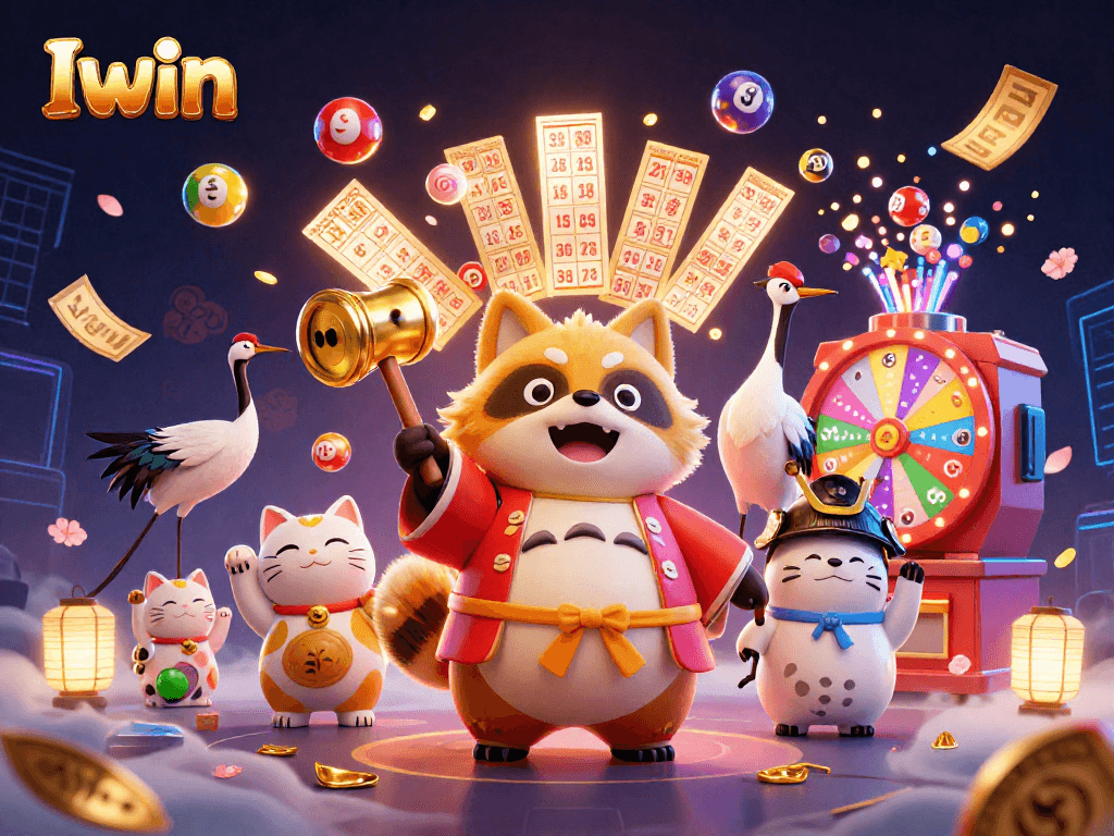 Iwin casino scene with cheerful tanuki holding a mallet and colorful lottery balls bouncing around
