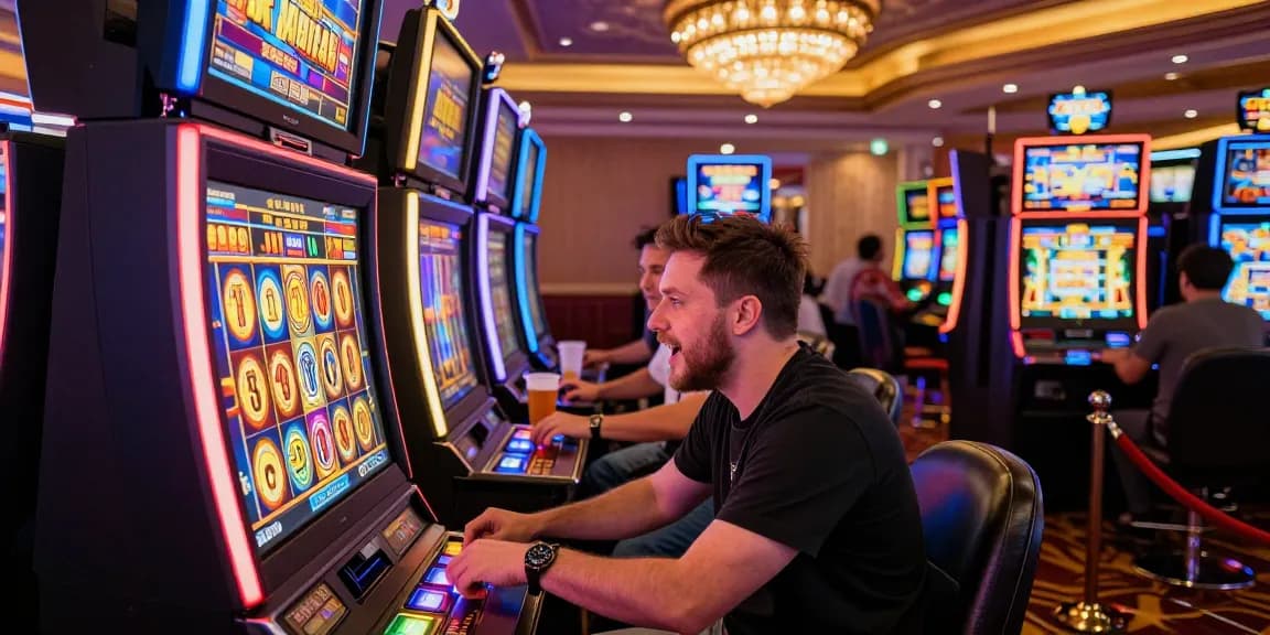 Permainan slot yang seru di kasino dengan berbagai mesin slot penuh warna dan pemain yang bersemangat merayakan kemenangan.