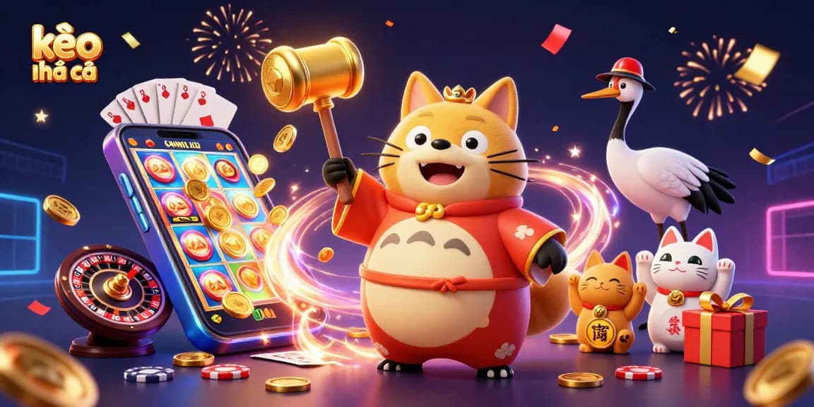 Explore kèo nhà cái with vibrant characters and exciting gambling elements in a festive 3D illustration.