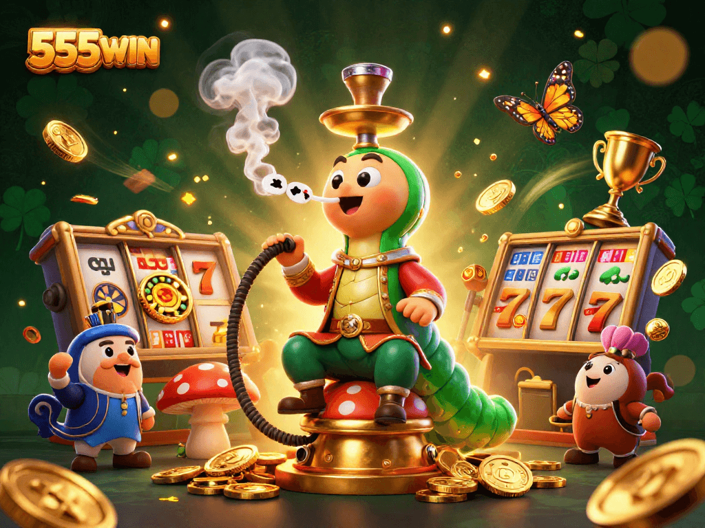 Experience the thrill of 555WIN with this vibrant 3D casino illustration featuring dynamic slot reels and golden coins.