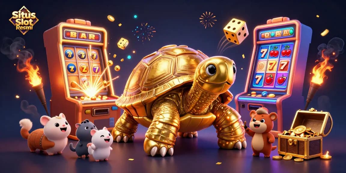 Situs Slot Resmi menampilkan kura-kura emas yang berfungsi sebagai mesin pinball dengan jackpot koin dan simbol yang menarik.