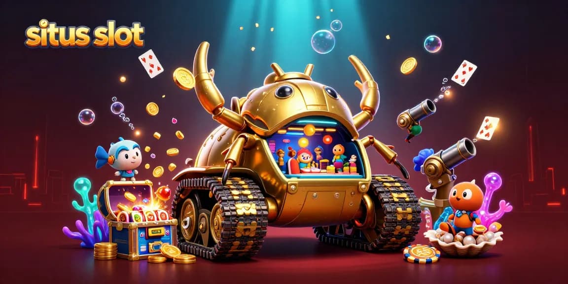 Menangkan jackpot situs slot dengan mesin slot yang berkilau dan banyak koin emas di sekelilingnya.