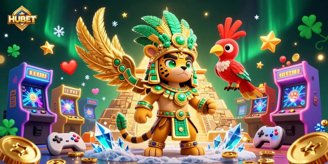 Playing on HUBET with vibrant game machines, Mayan priest and quetzal bird illuminate the action.
