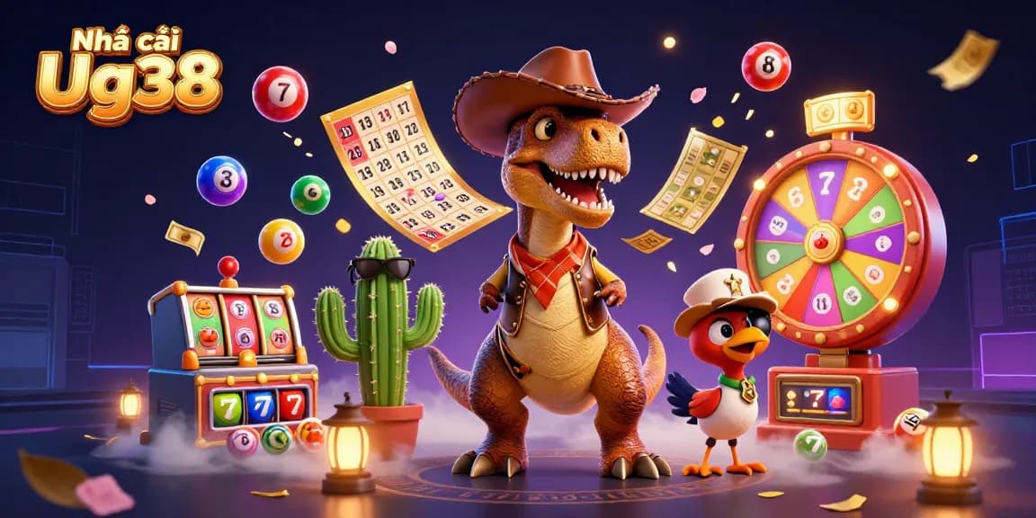 Experience dynamic gameplay with Nhà cái Ug38 in this vibrant casino-themed illustration featuring exciting lottery elements.