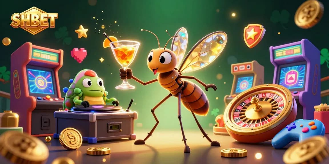 SHBET casino mascot brings luck with a golden cocktail in vibrant 3D illustration.
