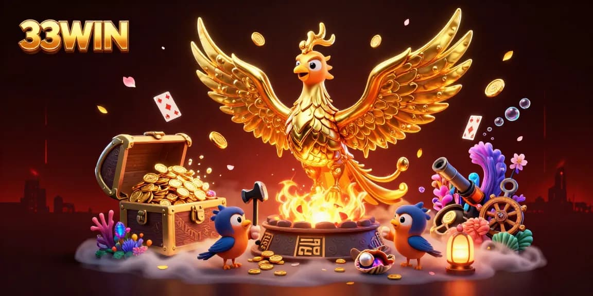Experience the excitement of 33WIN with a golden phoenix amidst dynamic casino elements and treasures.
