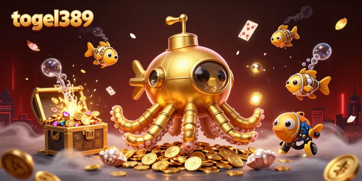Try your luck with togel389 as a golden kraken submarine surfaces through a treasure-filled sea.