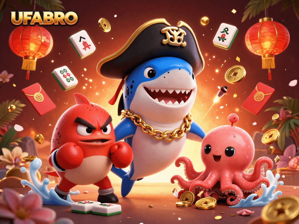 Join UFABRO's exciting adventures as the pirate shark and friends play with gold coins in this vibrant casino scene.
