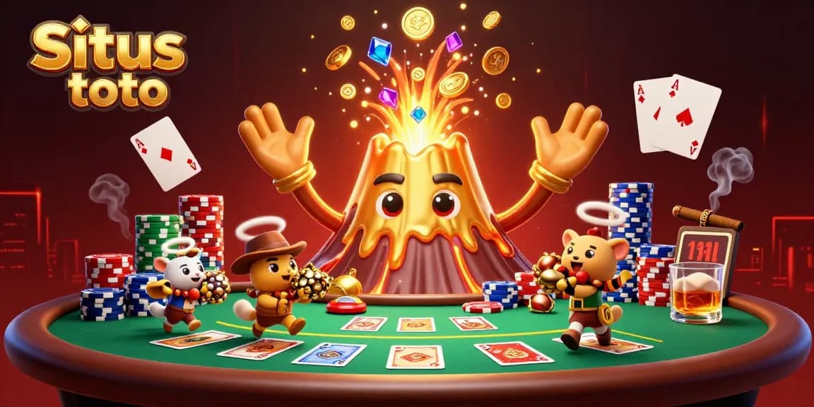 Experience thrilling wins at Situs toto with a dynamic scene of a golden volcano erupting treasure, poker chips, and excitement.