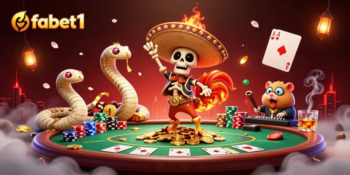 Experience fabet1's excitement with the lively mariachi rooster dancing amidst poker chips and gold coins.