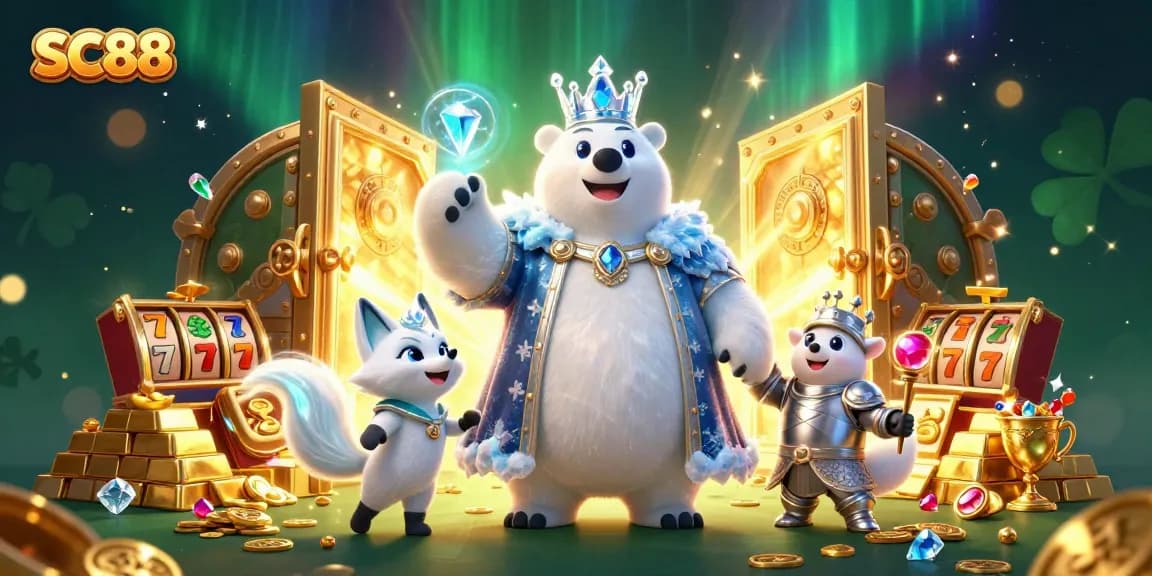 Engaging SC88 casino scene with ice king and snow fox, surrounded by treasures and slot elements.