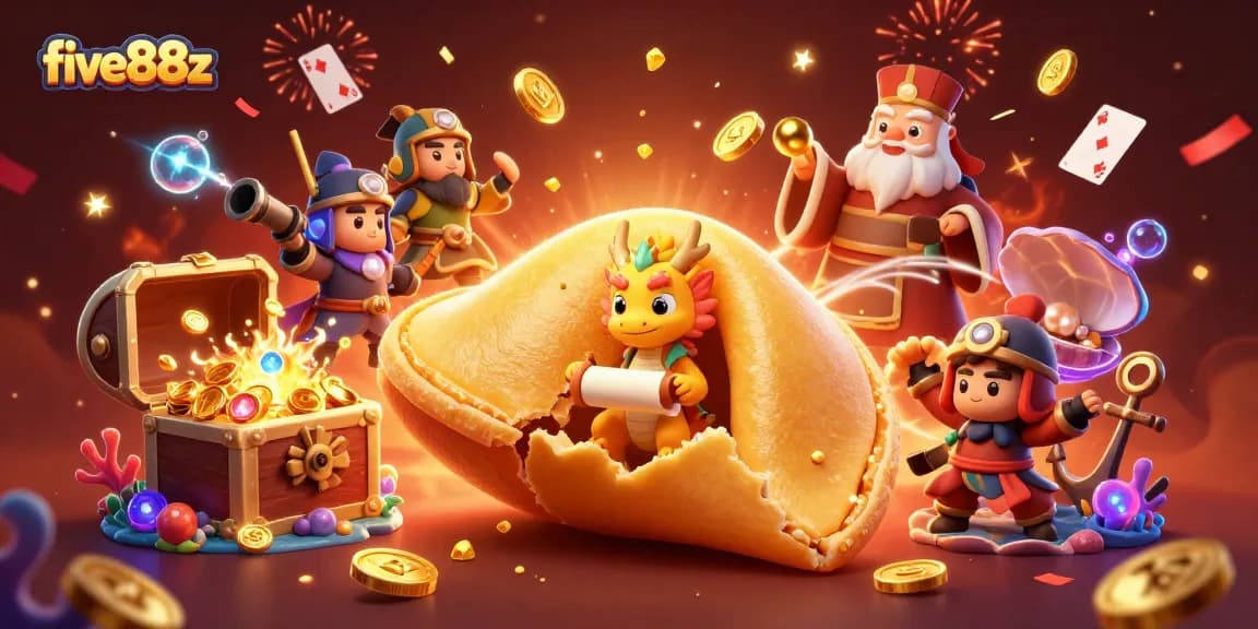 Join the adventure with five88z in this vibrant 3D casino illustration showcasing a golden fortune cookie and treasures!