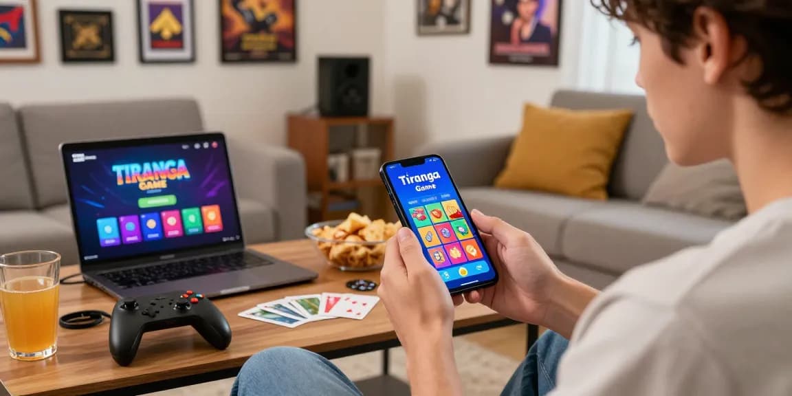 Tiranga Game user engaging with mobile gaming interface in a cozy room.