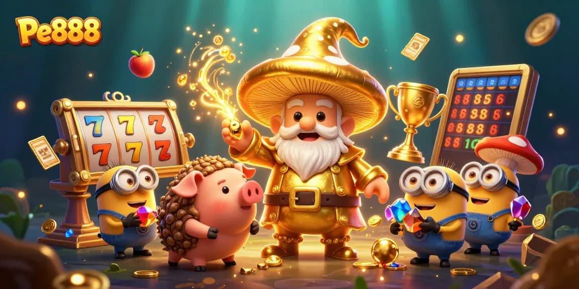 Experience the magic of Pe888 with a golden wizard, treasure-seeking pig and dynamic slot elements.