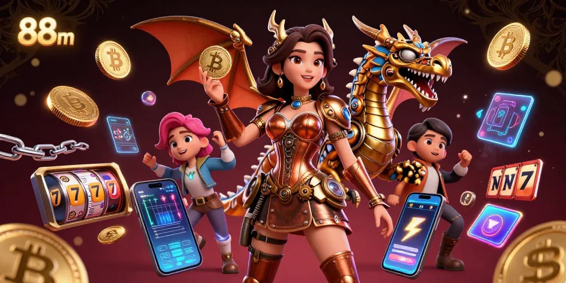 Engage with 88m gaming as stunning steampunk characters explore vibrant casino and crypto elements.