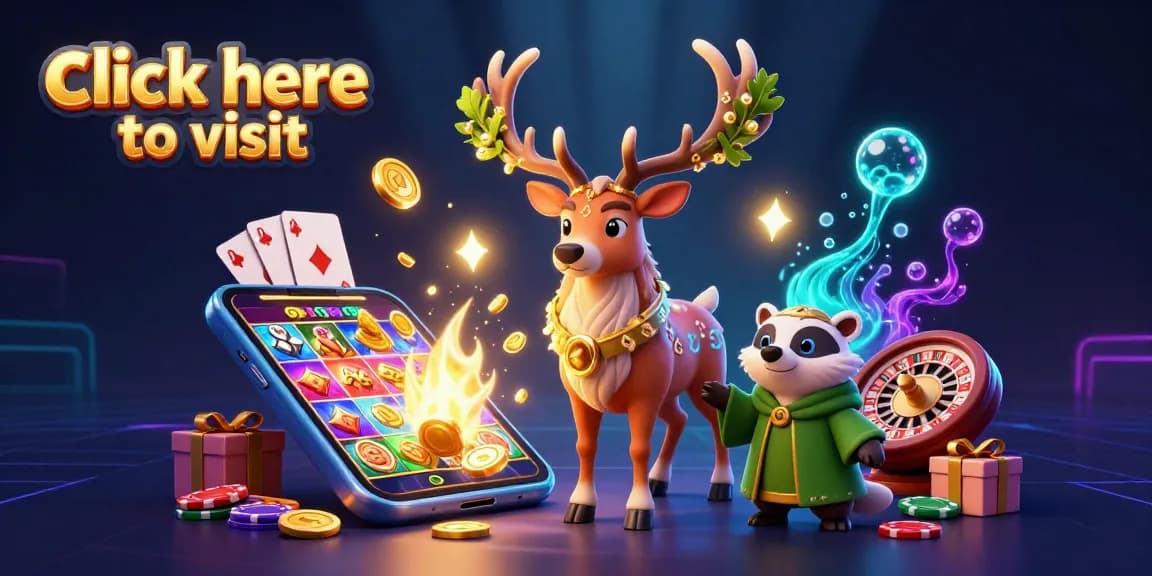 Click here to visit an enchanting casino scene with a druid stag, badger, and vibrant game elements.