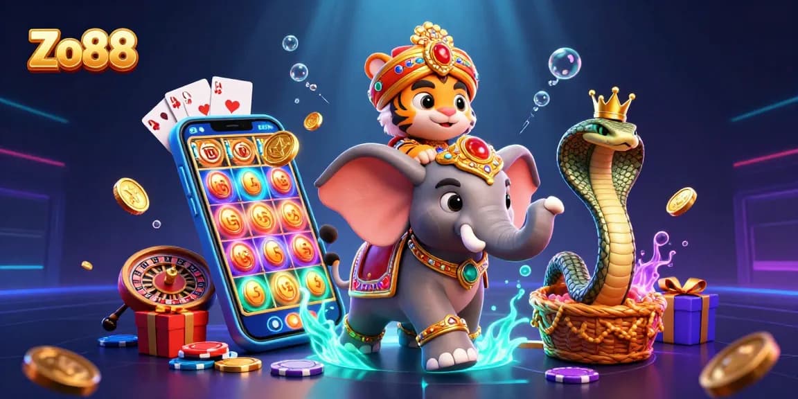 Experience exciting gameplay with Zo88, featuring a tiger, elephant, and vibrant casino elements.