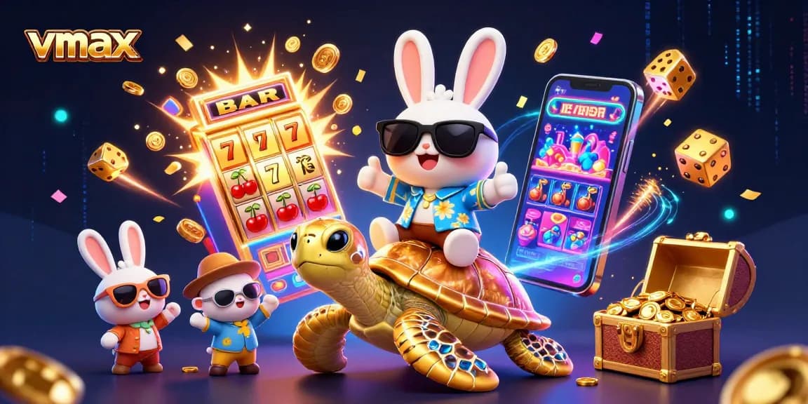 Spin to win at vmax with the lucky rabbit and golden sea turtle amidst exciting casino games.