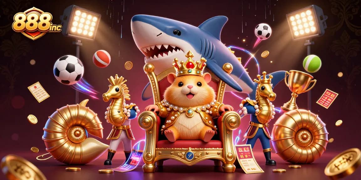 Join the excitement at 888inc with a golden hamster king ruling sports betting in an ultra-detailed 3D scene.