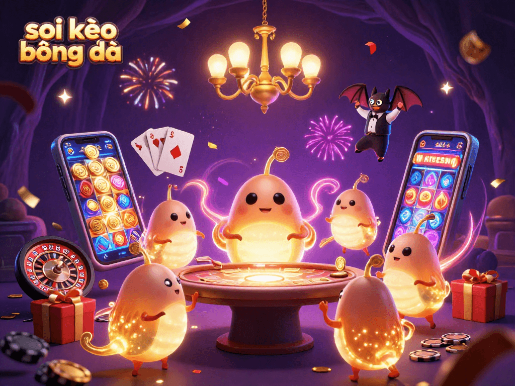 Engage in soi kèo bóng đá as glowworms illuminate a vibrant 3D cave casino scene.