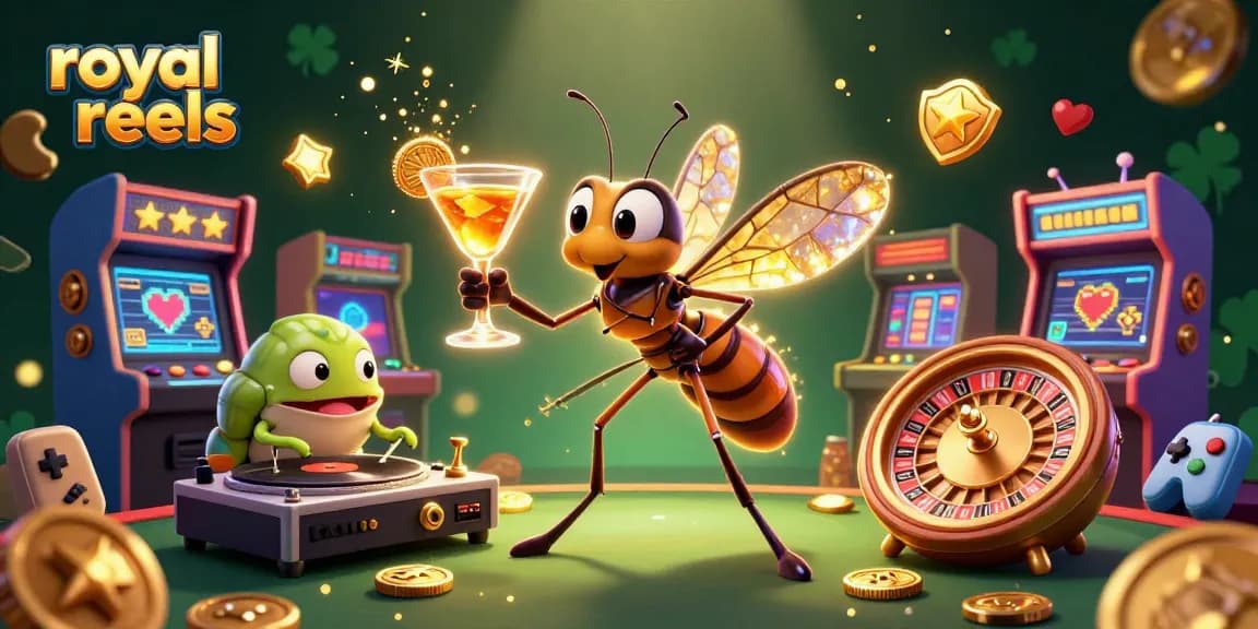 Experience royal reels excitement with a vibrant scene featuring a casino mascot and gaming elements.