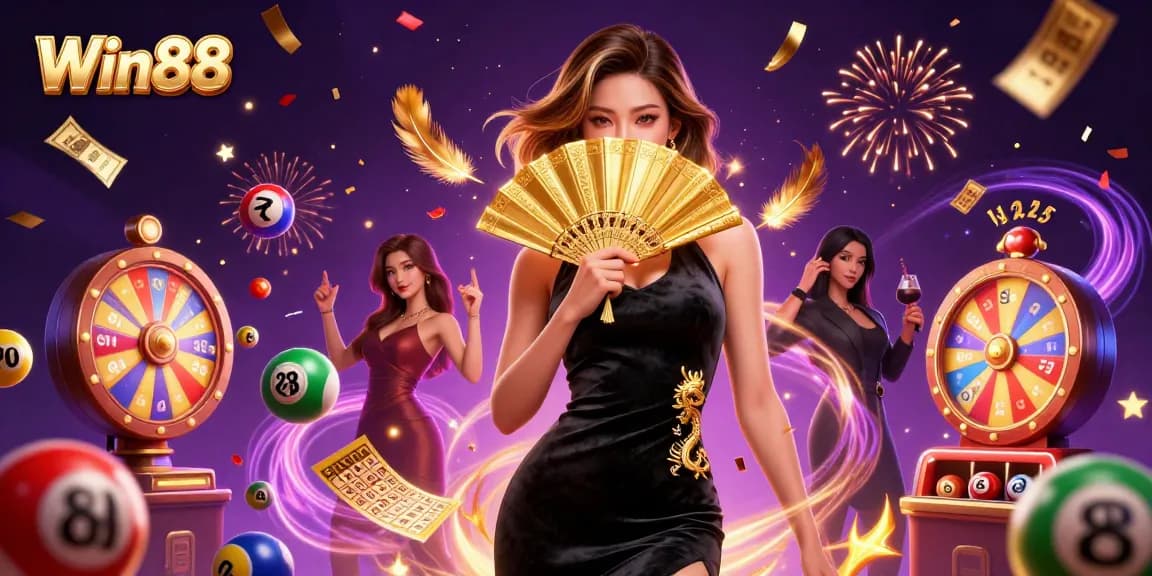 Experience thrilling gameplay with Win88 surrounded by lottery balls and casino elements in a vibrant scene.
