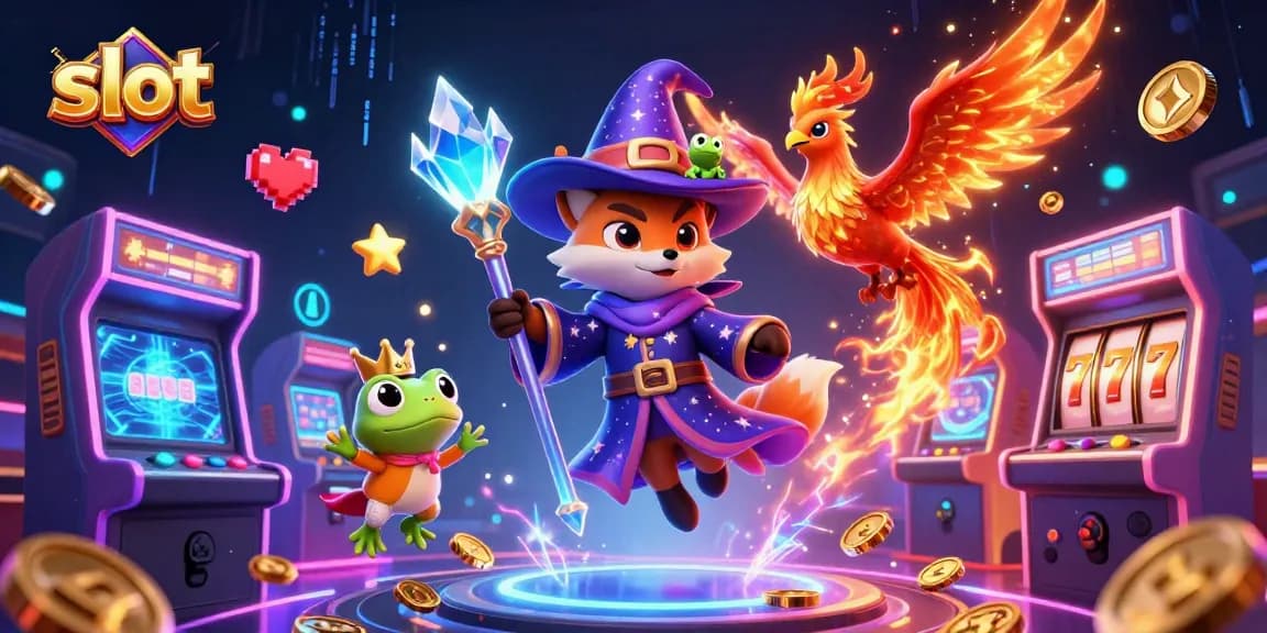 Engage with the vibrant slot games featuring a mystical wizard and fiery phoenix in an enchanting casino.