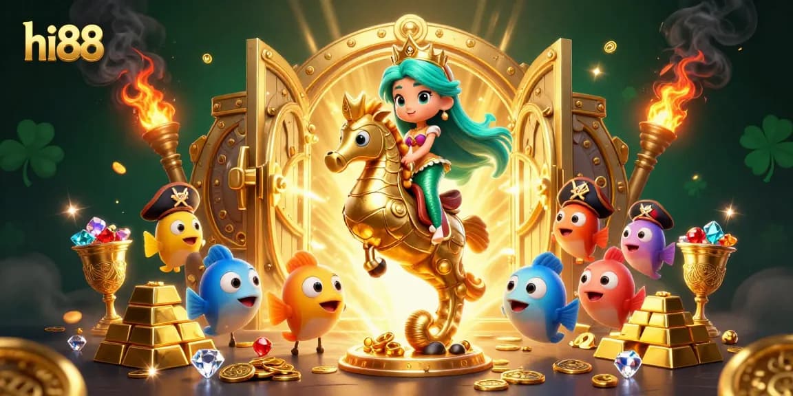 Engage in thrilling games at hi88 with a vibrant scene featuring treasures, gems, and lively characters.