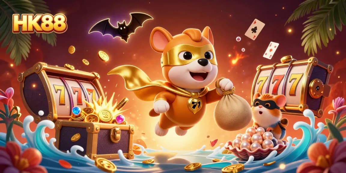 HK88 showcases vibrant casino fun with a superhero dog and hamster celebrating winning spins!