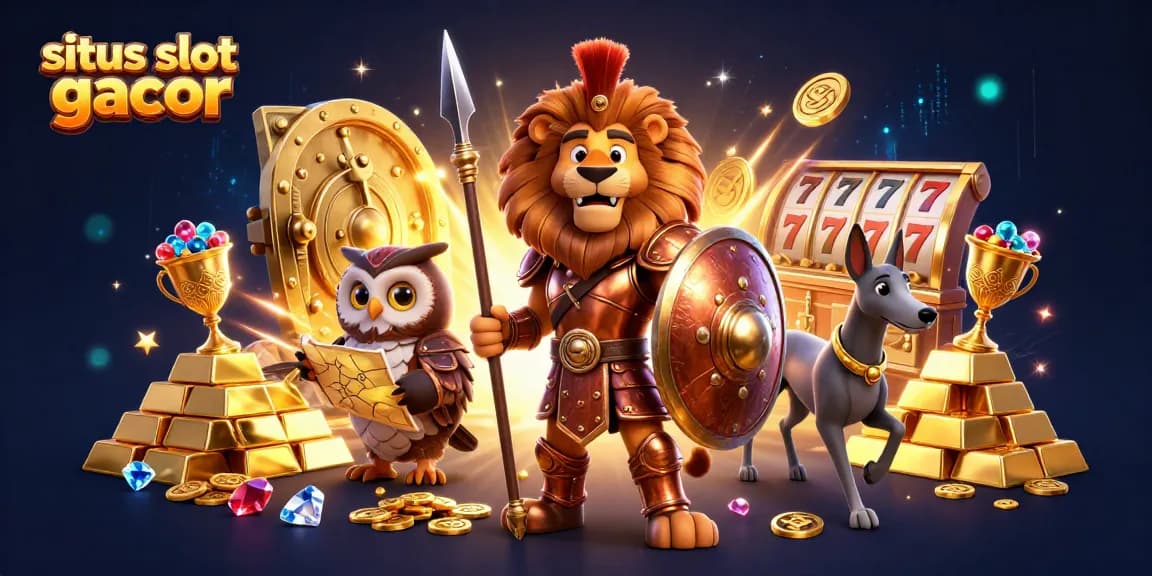 Situs slot gacor showcases a vibrant 3D scene with a Spartan lion, golden treasure, and gaming elements.